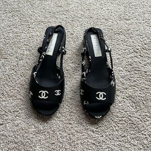 CHANEL 22SS Black CC Printed Slingback Sandals, Size EUR 37, Runway Style